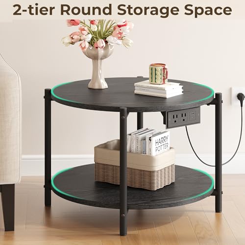 LIKIMIO Side Table, 23.6" W Round End Table with with Charging Station, Modern Wooden Nightstand for Small Spaces, Living Room, Bedroom, Black