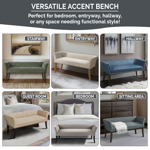 Madison Park Accent Bench, Plush Upholstered, Nailhead Trim, & Padded Seat Entryway Bench Small, End of Bed Bench with Back, 49.5" W x 19.25" D x 23" H, Green