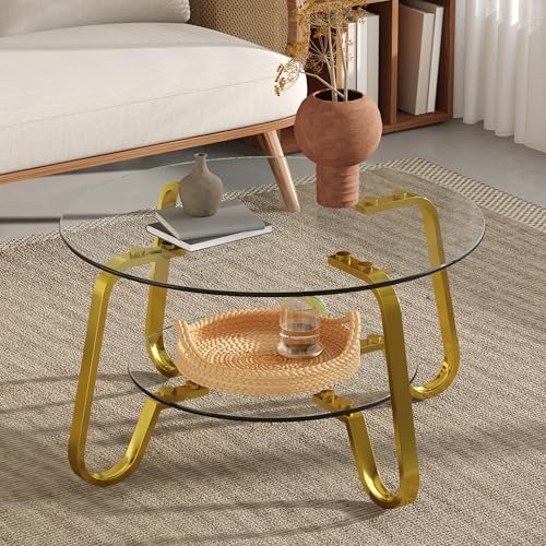 Glass Round Coffee Table with Storage, Modern 2-Tier Circle Coffee Tables for Living Room, 31.5" Gold Coffee Table with Glass Shelft and Metal Legs for Bedroom,Home Office