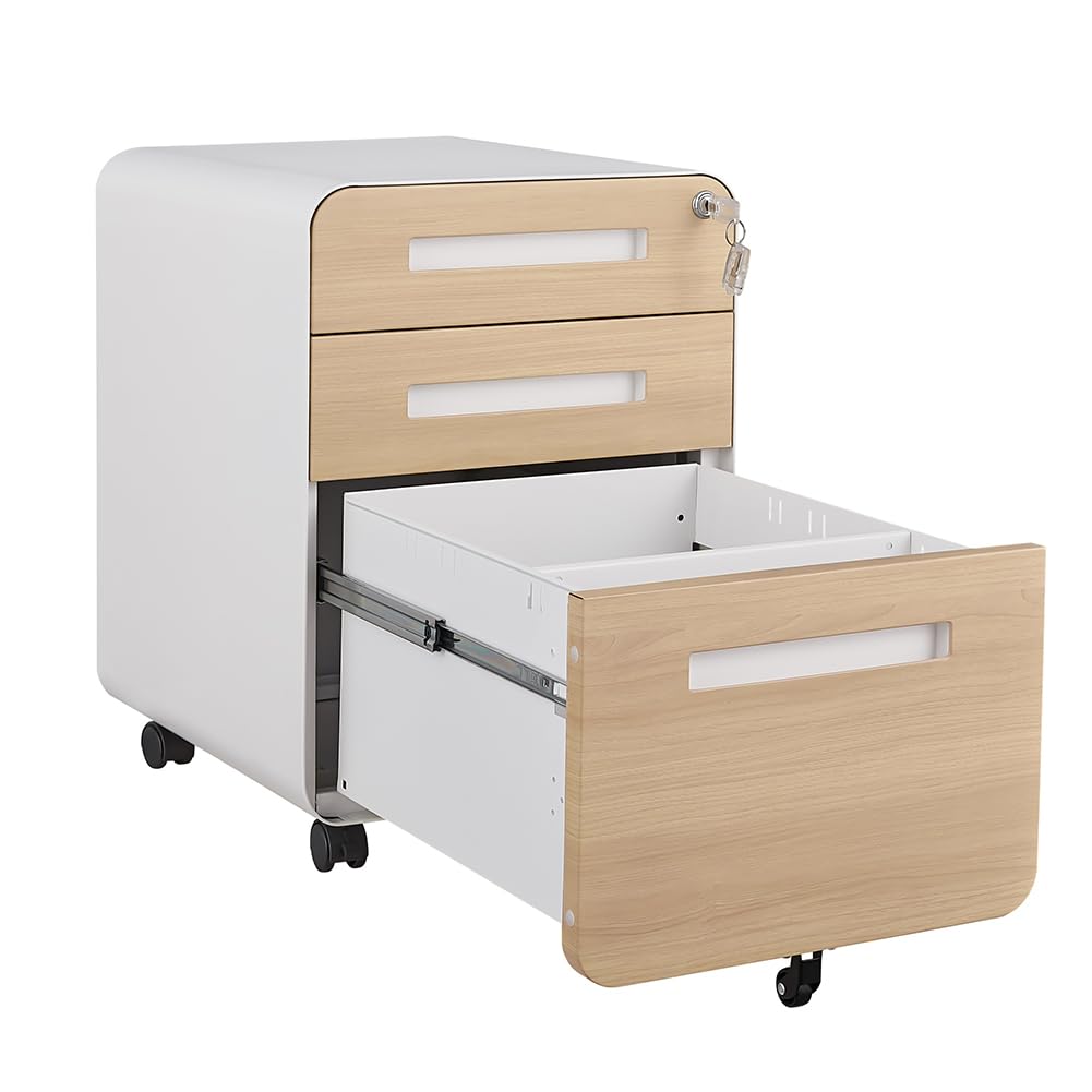 CuisinSmart 3 Drawer Mobile File Cabinet with Lock, Small Filing Cabinets 5 Wheel Anti-Tilt Design Rolling File Cabinet Fully Assembled (Except Casters) for Home Office Orange (White Natural)