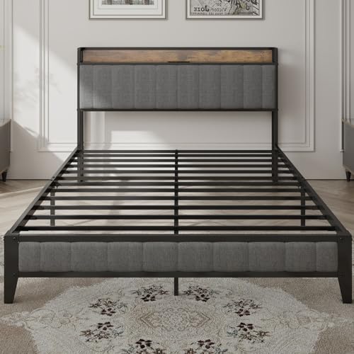 Bed Frame with Charging Station, Upholstered Headboard, Metal Platform, Grey Bed Frame