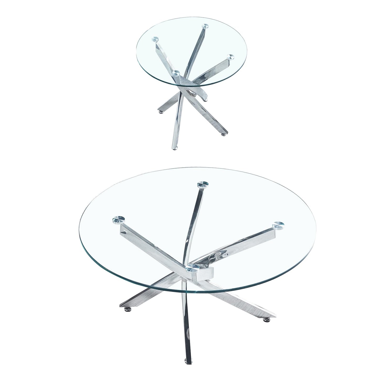 SSLine Modern Round Glass Coffee End Table Set of 2 Luxury Circle Cocktail Center Table with 1 End Table for Living Room Bedroom Office, Mirrored Stainless Steel Cross Base(Clear Silver2)