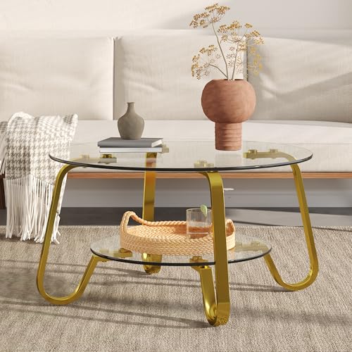 Glass Round Coffee Table with Storage, Modern 2-Tier Circle Coffee Tables for Living Room, 31.5" Gold Coffee Table with Glass Shelft and Metal Legs for Bedroom,Home Office