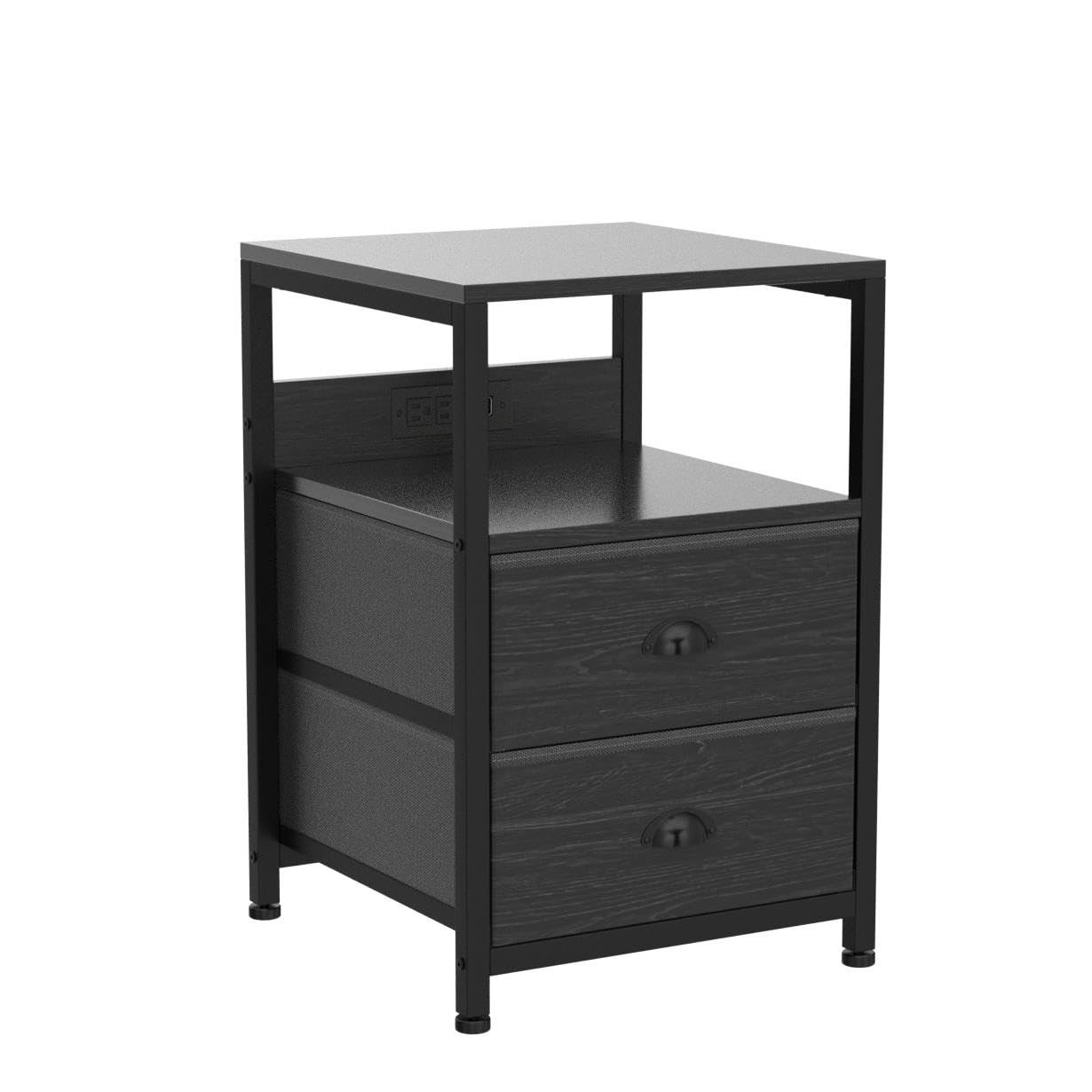 Furologee Nightstand Set of 2, Black Oak, with Charging Station and USB Ports, Side Tables with 2 Fabric Drawers, Bedside Tables with Storage Shelf & Hooks, for Living Room/Bedroom
