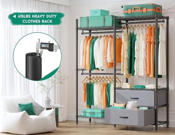 REIBII Heavy Duty Clothes Rack, Adjustable Clothing Racks for Hanging Clothes, Portable Closet with 2 Drawers 3 Hanging Rods Load 650lbs, Black, 15.9" D x 46.5" W x 70.9" H