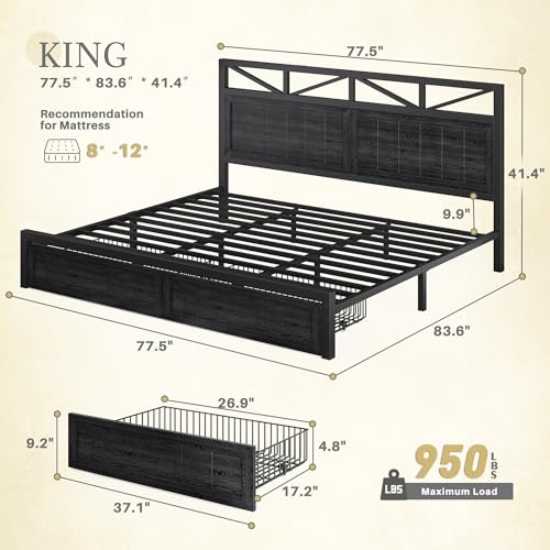 Homkdom King Size Bed Frame with 2 Storage and LED Lights, King Bed Frame and Headboard Built in Charging Station,Noise-Free,Easy Assembly, No Box Spring Needed, Black