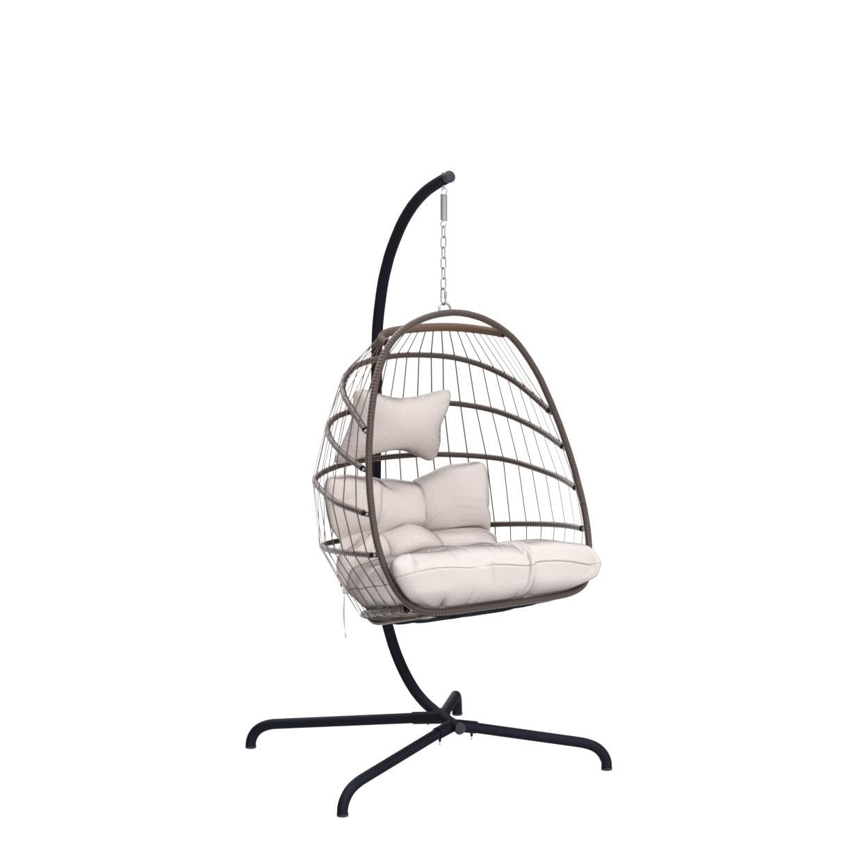 RADIATA Wicker Egg Swing Chair with Stand for Outside, Outdoor Comfy Hanging Egg Patio Chairs with Thick Cushion, 350Lbs Durable Swinging Rattan Chair for Bedroom Porch Backyard Balcony, Brown, Tan