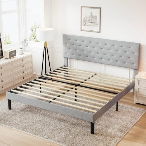 HOLISUN Simple Queen Size Grey Bed Frame, Adjustable Headboard