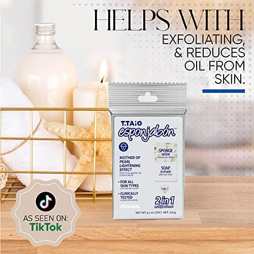T.Taio Esponjabon Mother of Pearl Soap Sponge - Revitalizing Shower Scrubber for Bath Wash & Oil Removal - Bathroom Essentials with Fresh Scents - Pearl with Mini