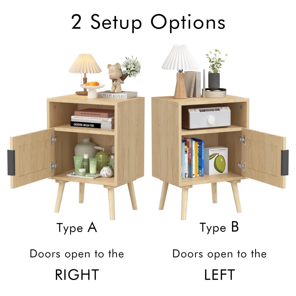 Luxebough Rattan Nightstand, Side Table with Door and Open Shelf for Small Spaces, Accent Boho Night Stand with Solid Wood Legs, Oak Finish Bedside End Table, Premium Handmade Aesthetic, 1 Pack