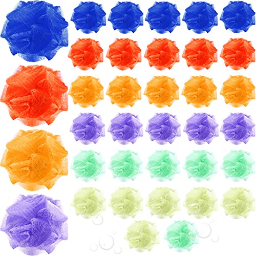Raiten 36 Pack Mini Shower Loofah Bulk Small Bath Sponge Assorted Colors Exfoliating Mesh Loofah Sponge Travel Shower Puff Colorful Bath Pouf Body Wash Multi Color Bath Scrubber for Women