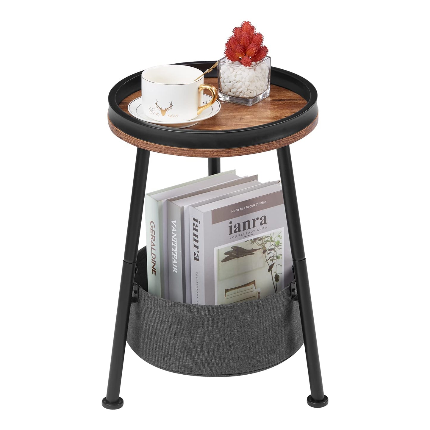 LEMONDA Small Round End Table, 2 Tier Round Side Table with Storage Basket,11.8”D*17.8”H Small Round Table,Sofa Side Table,Small Round Nightstand for Living Room Bedroom