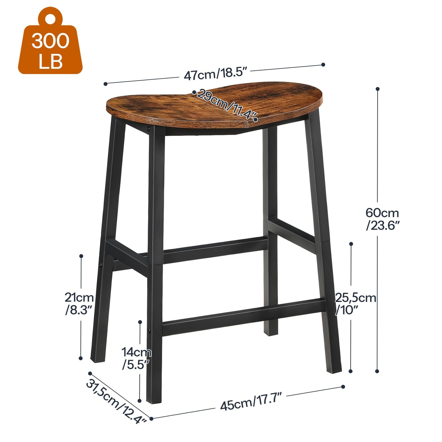 HOOBRO Bar Stools, Set of 2 Bar Chairs, 23.6 Inch Barstools for Kitchen Counter, Counter Height Bar Stools, Kitchen Stools with Footrests, for Dining Room, Rustic Brown and Black BF57MDP201