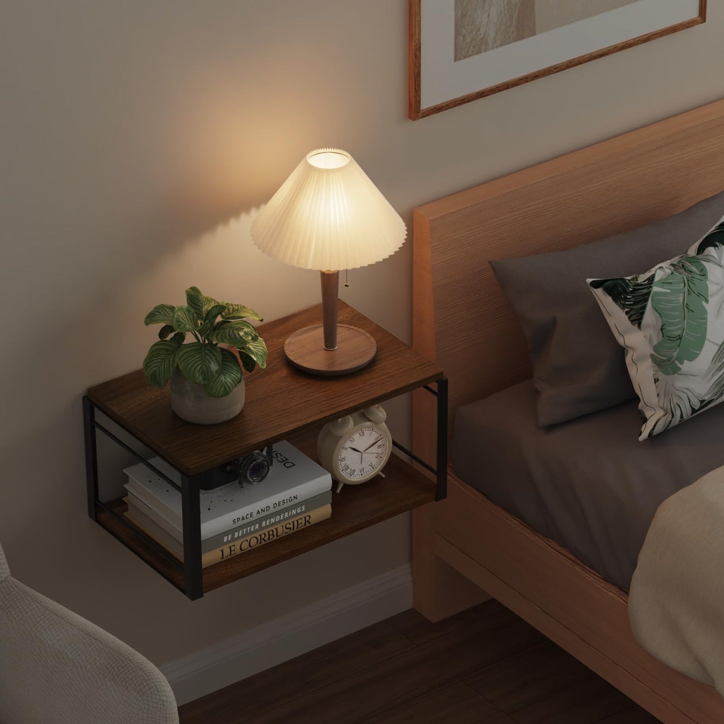 NANAGIFTREE Floating Nightstand Wall Shelf, Wood Bedside Shelf Wall Mounted Nightstand Set of 2, Floating Bedside Table for Bedroom, Living Room, Bathroom, Kitchen, Office (Vintage Brown)
