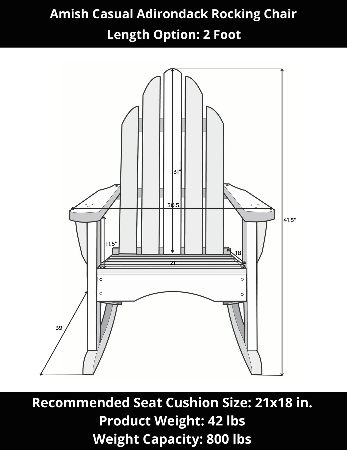 Amish Casual Outdoor Adirondack Rocking Chair in Unfinished Treated Pine Wood - Heavy Duty Rocker Amish Made in The USA