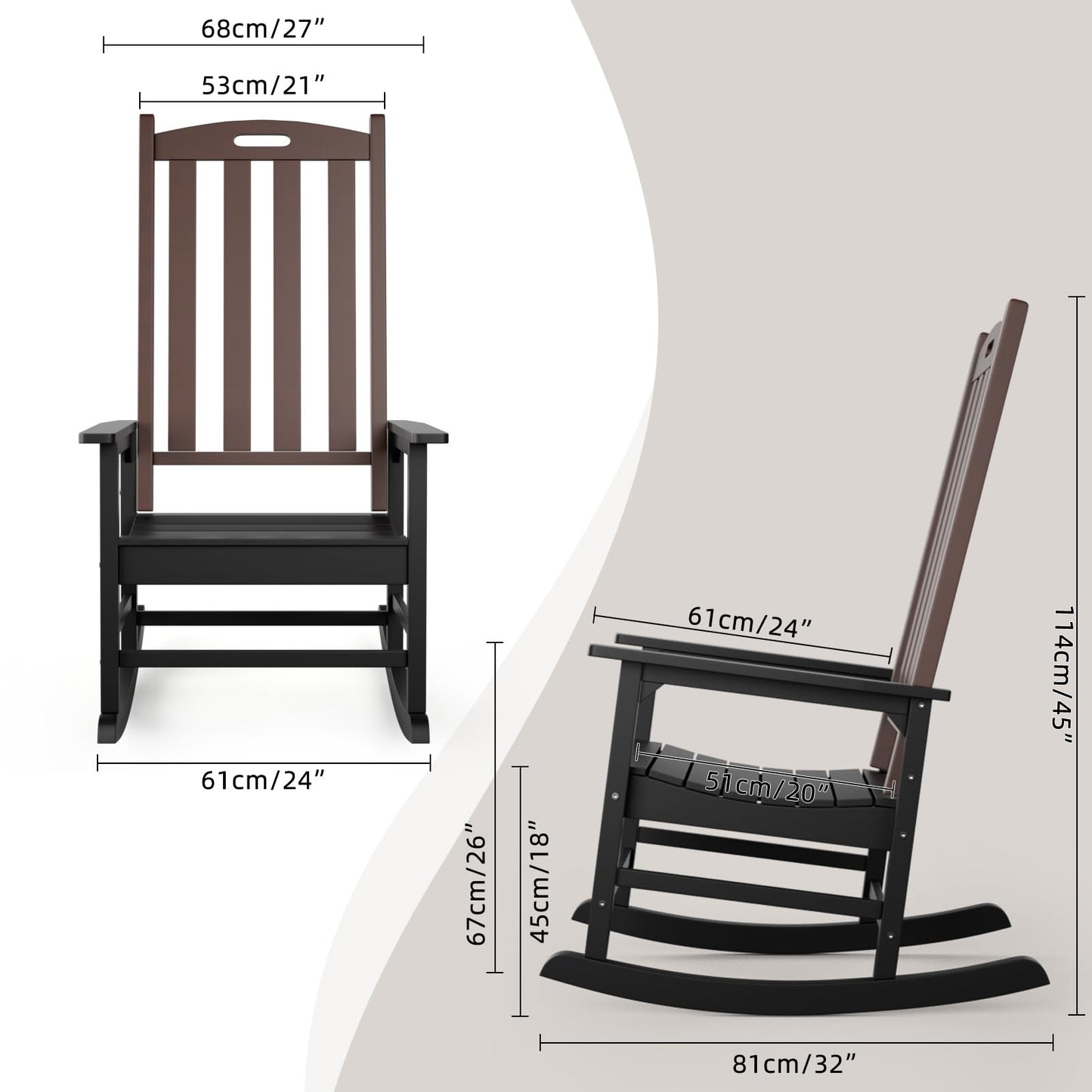 Outdoor Rocking Chair, All Weather Patio Rocking Chair, HDPE Poly Rocking Chair for Adults, Heavy Duty Front Porch Rocker, Brown