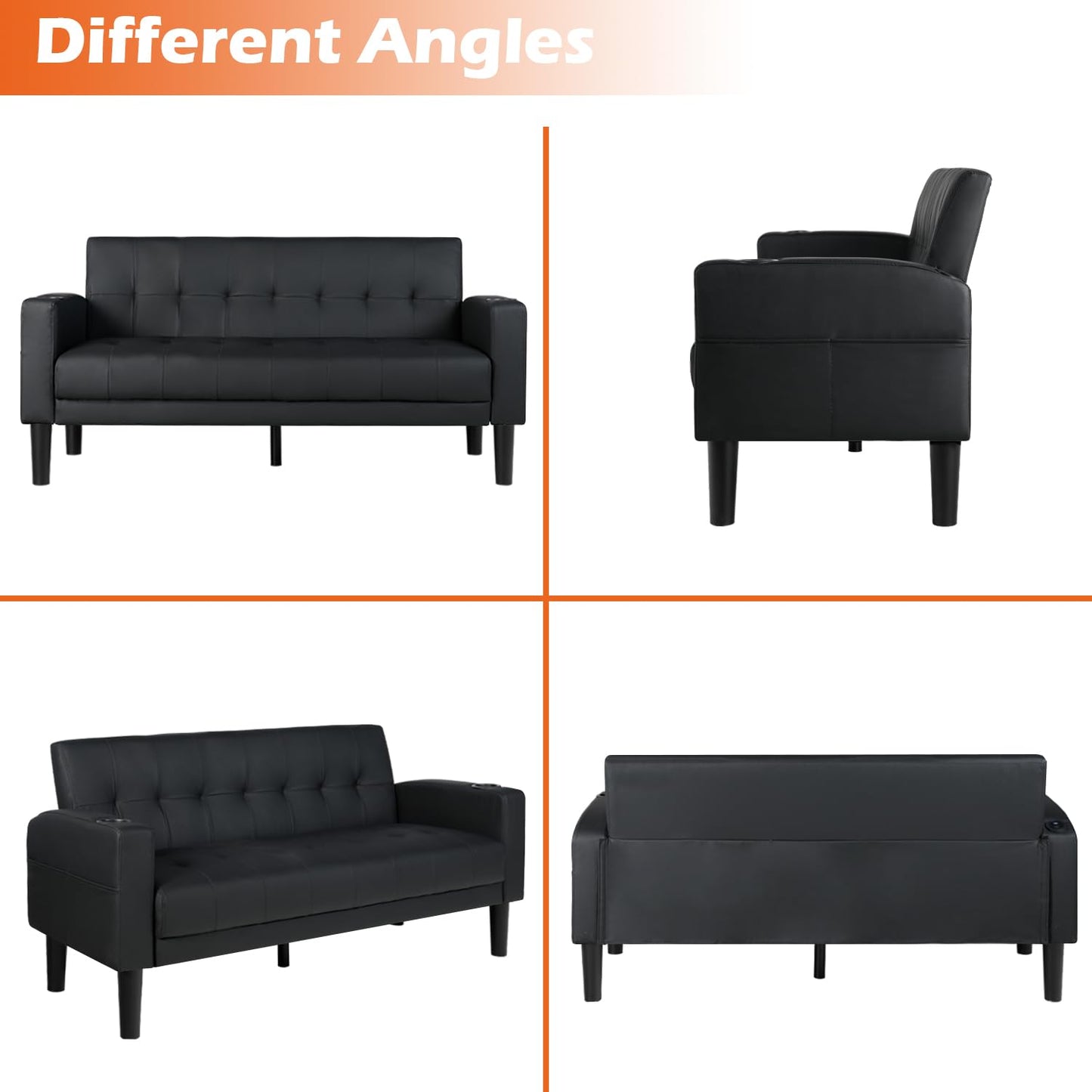 AILEEKISS 62" Loveseat Couches Upholstered Leather Love Seat Sofas Couch with 2 USB, Cup Holders, Side Pocket, Mid-Century Modern Tufted Sofa for Living Room,Office,Bedroom,Apartment (Black, 2-Seat)