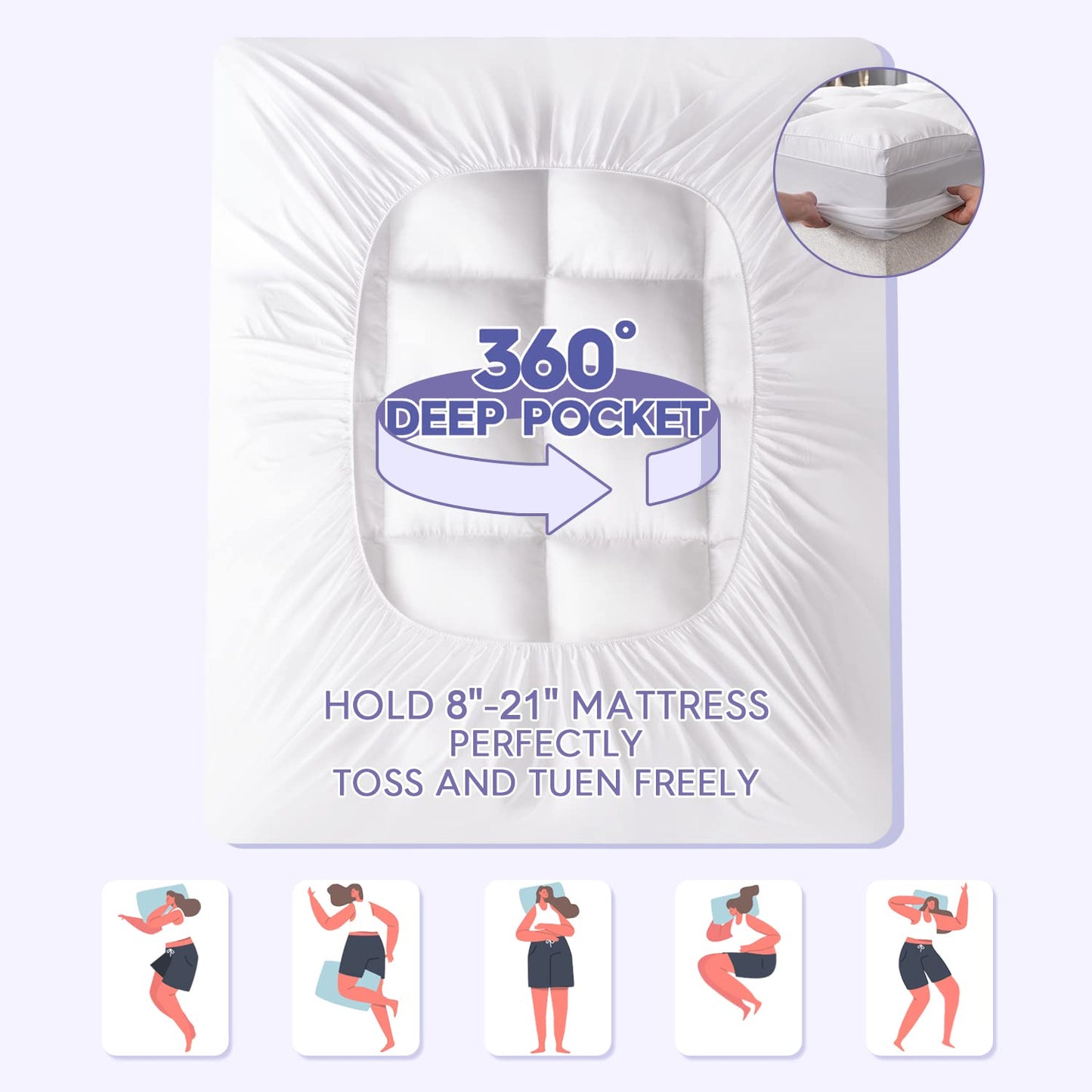 ABENE Queen Size Mattress Topper for Back Pain Relief, Extra Thick Mattress Pad Pillowtop, Soft Plush Mattress Cover Bed Topper with Deep Pocket, Overfilled Down Alternative Filling, White