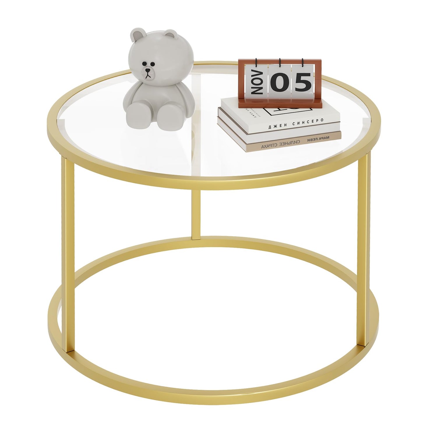 Round Glass Coffee Table,Small Living Room Table for Small Space,Modern Center Table with Glass Top Clear & Sturdy Metal Frame for for Living Room Home Office, Easy Assembly,27 x 27 x 17 Inch,Gold