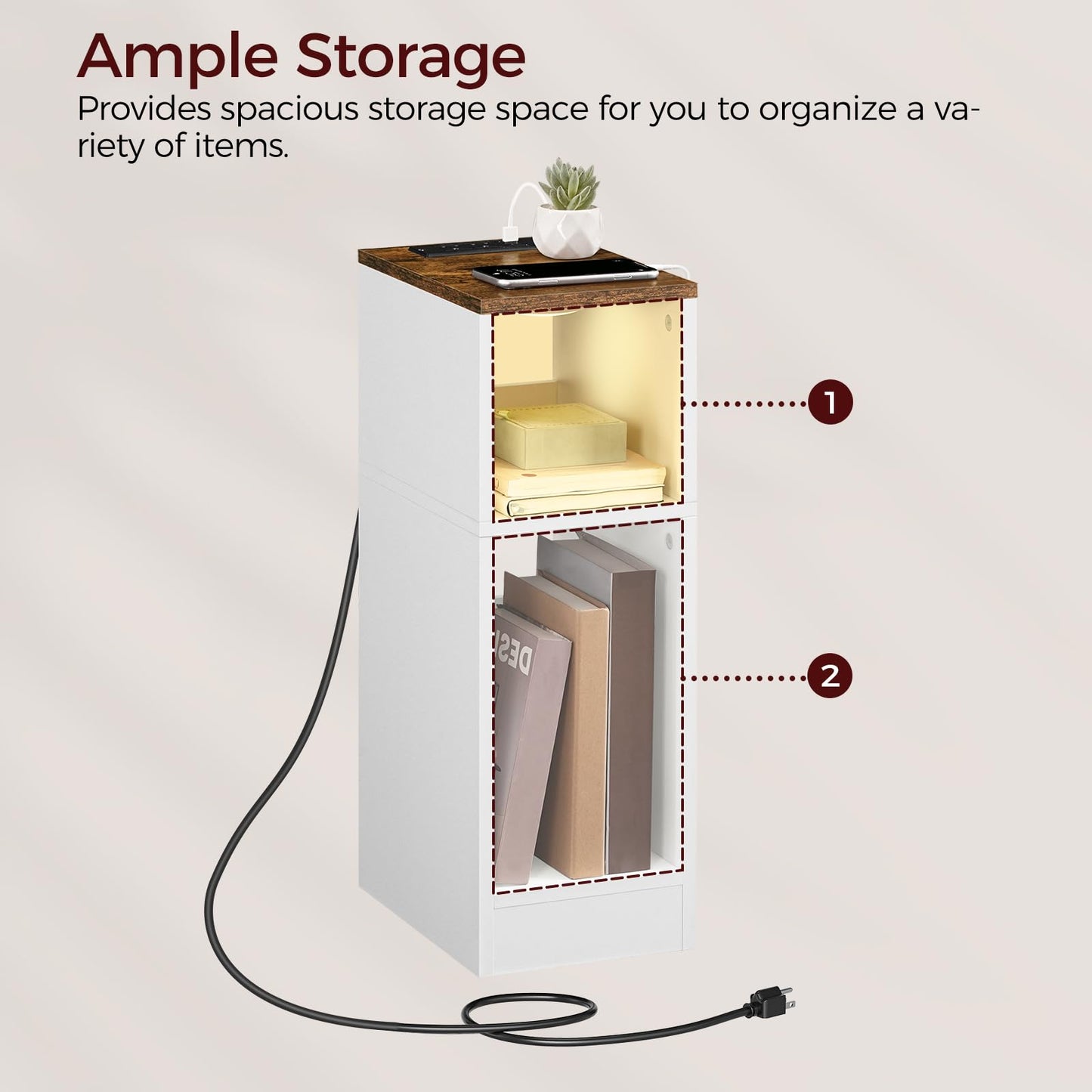 MAHANCRIS Narrow Nightstand, Slim End Table with Charging Station and LED Sensor Light, Modern Side Table, Bedside Table, for Small Spaces, Living Room, Bedroom, Rustic Brown and White ETBR25E01