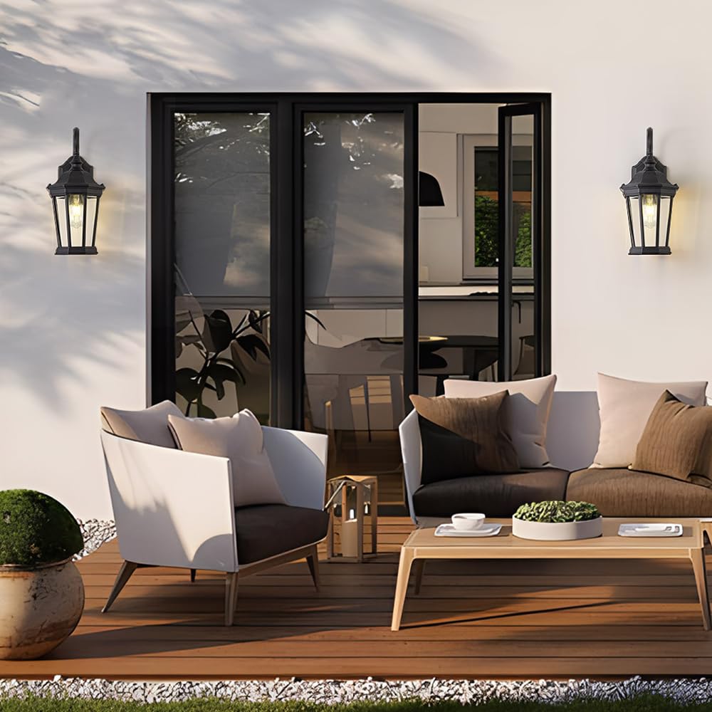 Smeike Exterior Light Fixtures, Large Outdoor Wall Light/Lantern, Outdoor Porch Light Fixtures Wall Mount in Matte Black Finish with Clear Glass, Aluminum Alloy, 60W