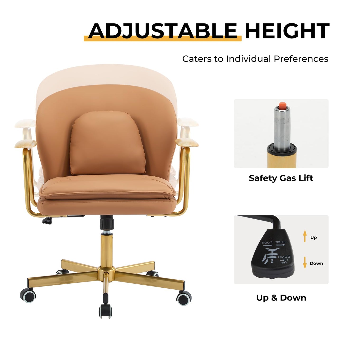 Furniliving Leather Home Office Desk Chairs，Comfy Office Chair, Adjustable Swivel Vanity Chair with Golden Legs and Wooden Padded Armrest, Modern Upholstered Task Chair with Wheels,Brown