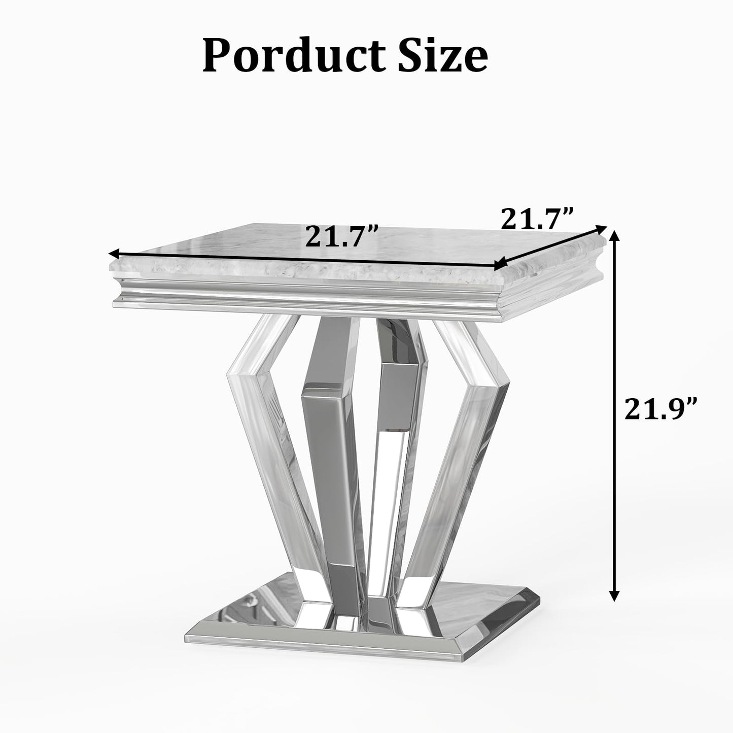 ACEDÉCOR 22" Square End Table, Silver Side Table with Graceful Grey Striped Top and Mirrored Diamond Shaped Base, Heavy Duty Corner Table for Living Room, Sofa, Couch