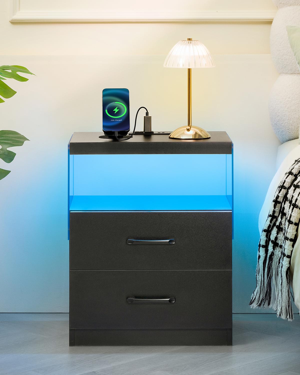 i-aplus Black Night Stand Set of 2,LED Nightstand with Charging Station,Bedside Table with 2 Drawers,Modern Bed Side Tables Bedroom