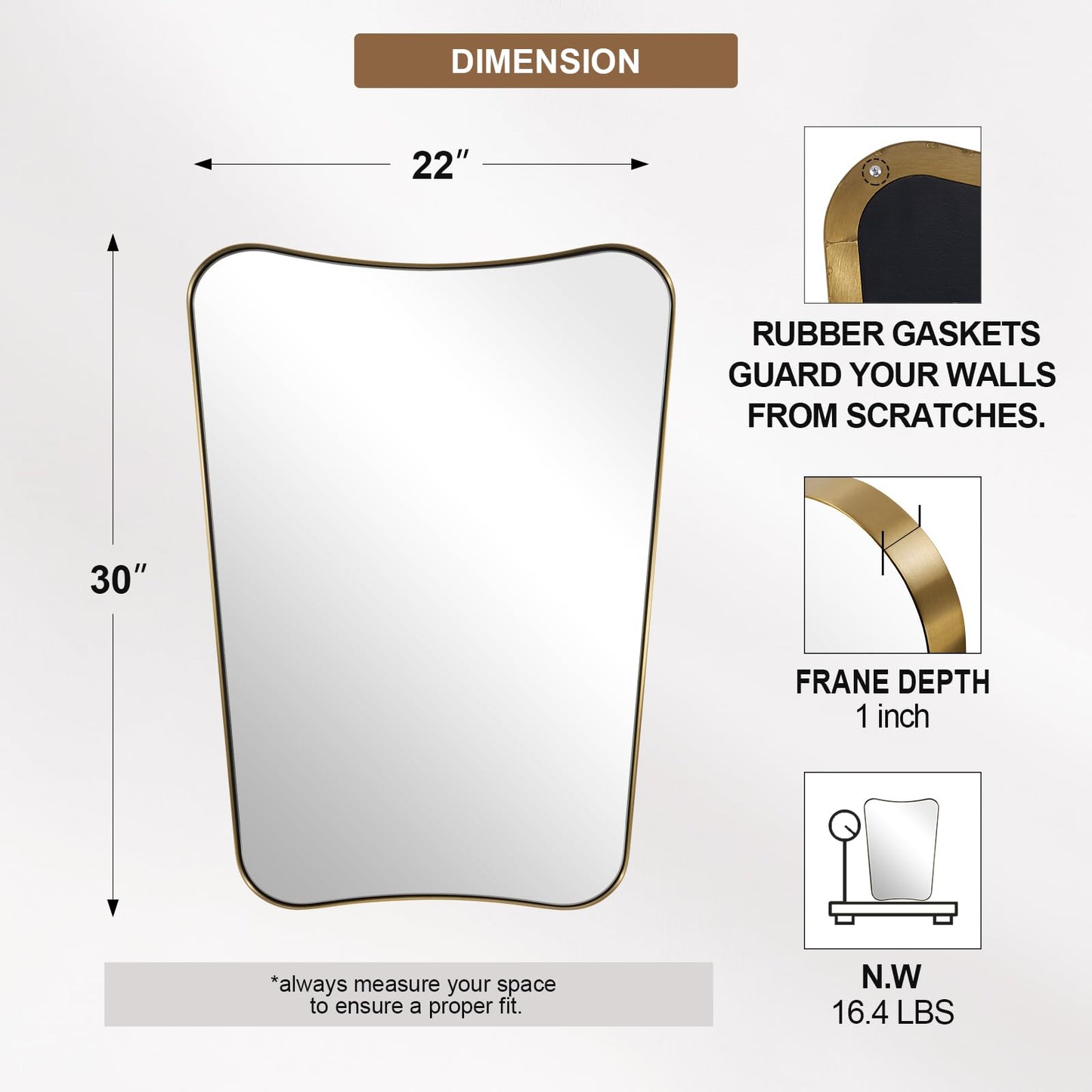 ANDY STAR Gold Vanity Mirror, 22x30 Inch Brushed Gold Bathroom Mirror, Asymmetrical Mirror in Never-Rust Stainless Steel Metal Frame, Butterfly Shape Decorative Mirror for Hallway, Living Room