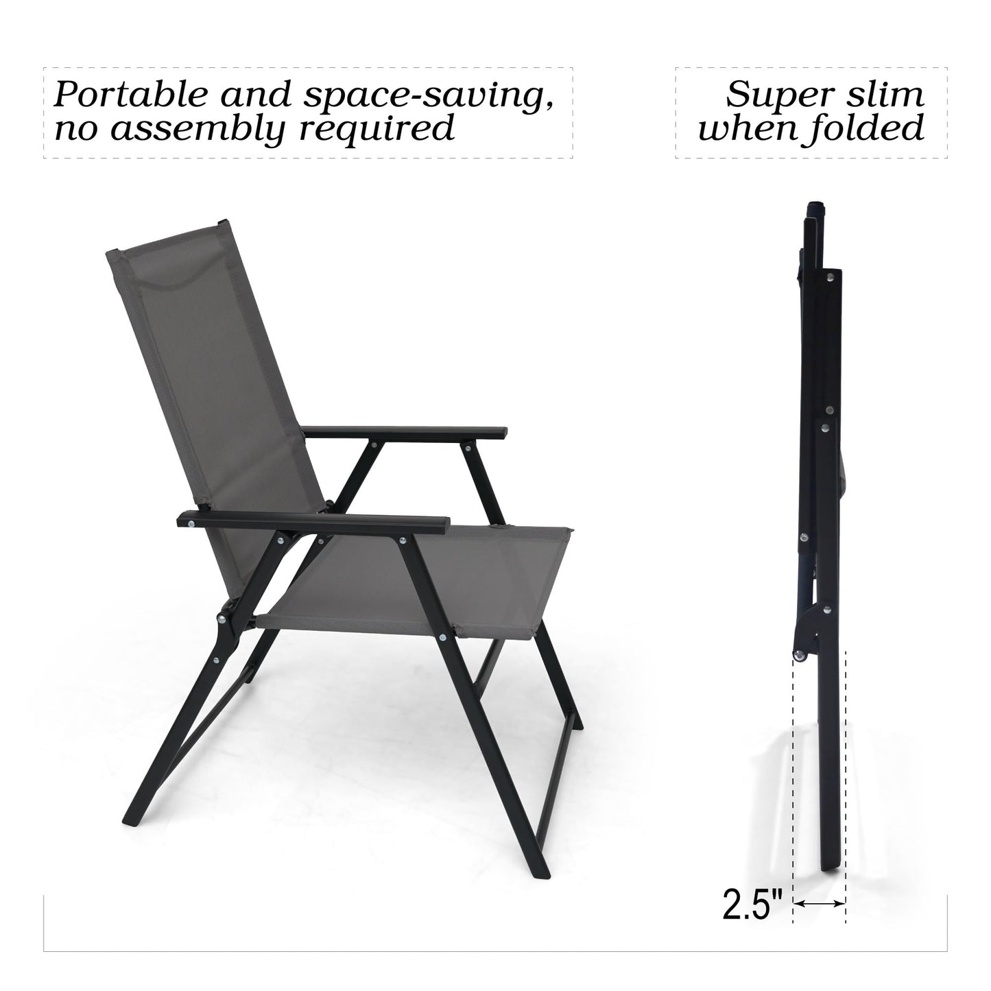Anmutig Patio Folding Chairs Set of 4, Outdoor Portable Dining Chair with Sling Back and Armrests for Lawn Camping Courtyard Balcony Garden Grey