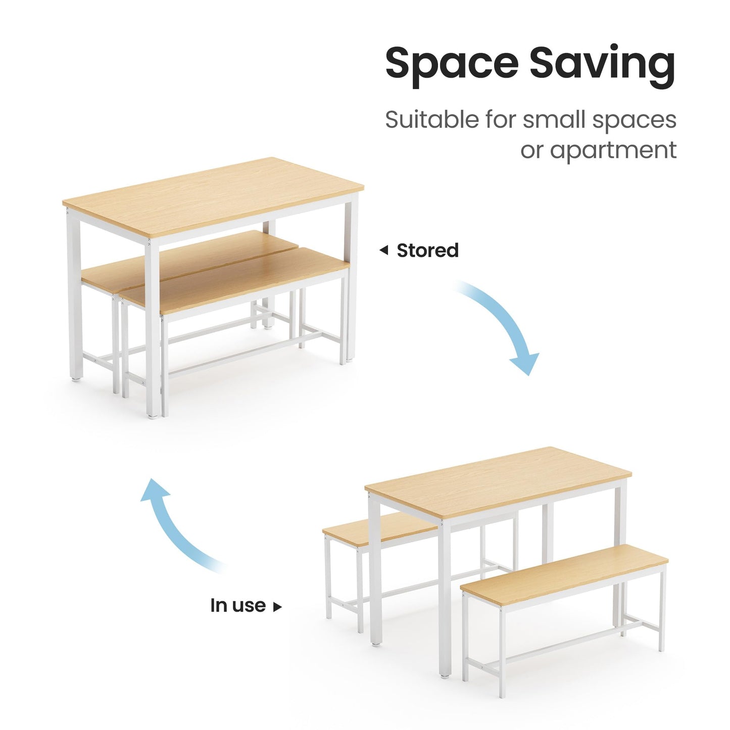 hausway Bar Table and Chairs Set for 4,3 Pieces Rectangle Bistro Table with Dining Benches,Industrial Kitchen Counter Breakfast Table Set for Restaurant,43.3″L x23.6″W x 29.9″H (White Natural)