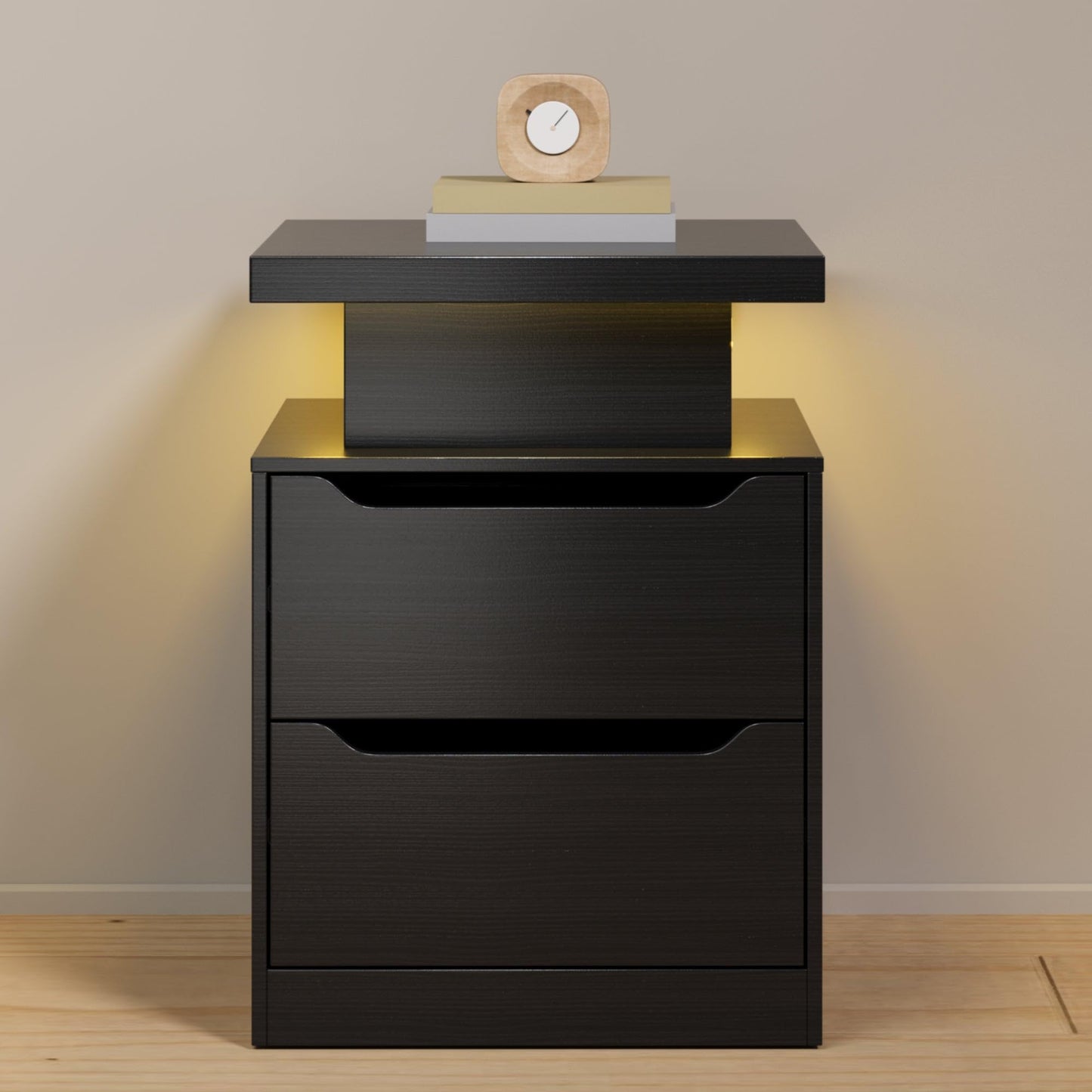 Gizoon Nightstand with Charging Station, 2 Drawers, Night Stand Set 2 with LED Lights, Modern Wood Bedside Table, End Side Table with Storage for Bedroom