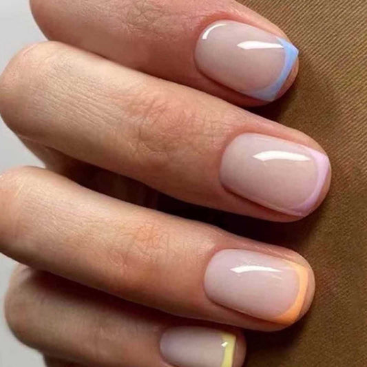 DANMANR Square Press on Nails Short Fake Nails French Acrylic Full Cover False Nails for Women and Girls 24PCS (Multicolour)