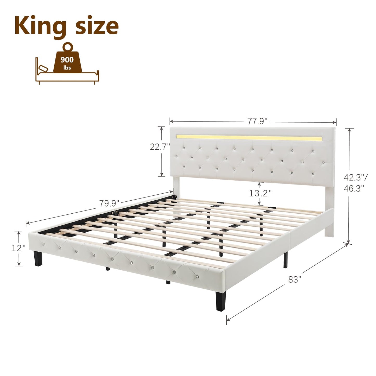 Benevika King Size Bed Frame with LED Lights, Upholstered Platform Bed Frame, Adjustable Headboard with Charging Station, Wooden Slats Support, Easy Assembly, No Box Spring Needed, White