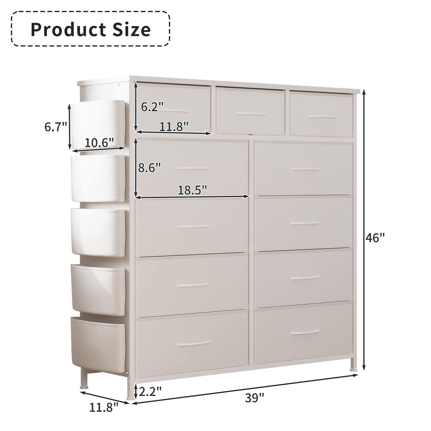 LIVEHOM 11 Drawer Fabric Storage Dresser for Bedroom Organization, Chest of Drawers with Deep Shelves, Side Pockets & Hooks, Sturdy Steel Frame & Wood Top, Baby/Kids Closet Organizer Unit