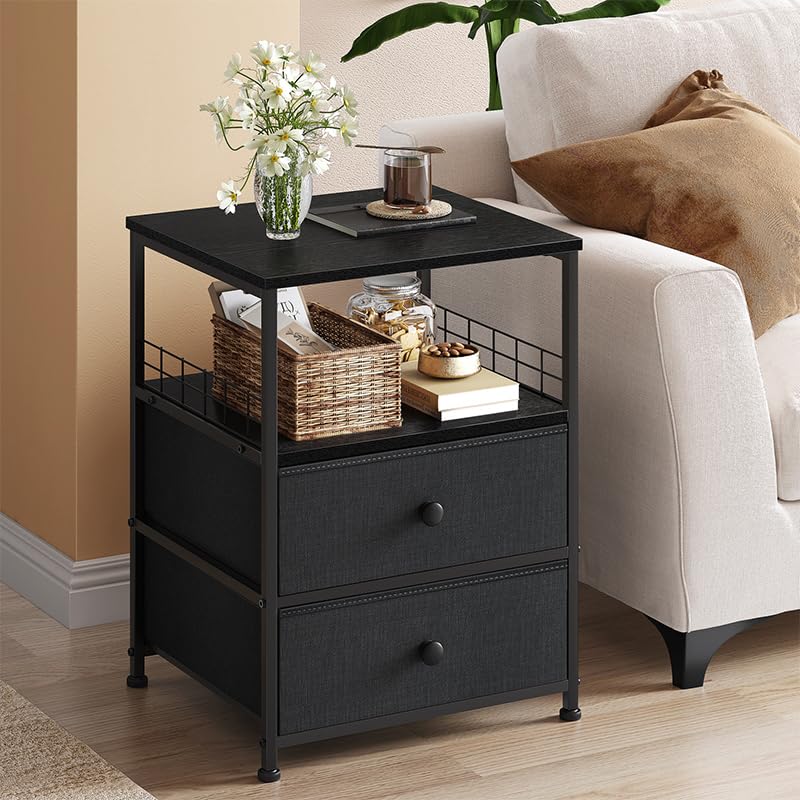 Nightstand Set of 2, 17.8"W Bedside Table with Fabric Drawers and Open Wood Shelf Storage, Safety Netting on Both Sides of Bedside Table,Night Stand for Bedroom,Closet, Hallway, Dorm,Black and Gray