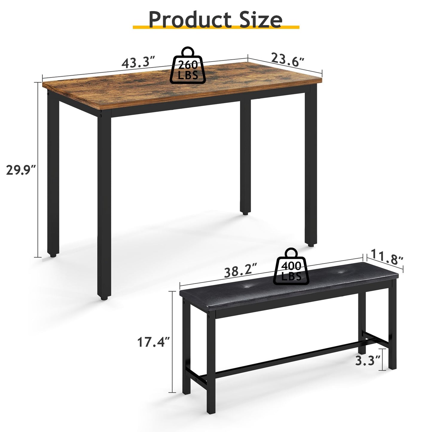 Rovibek Dining Room Table Bench Set for 4, Modern Space Saving Kitchen Table with with 2 Upholstered Benches & Adjustable Feet, Wooden Breakfast Table, 43", Brown