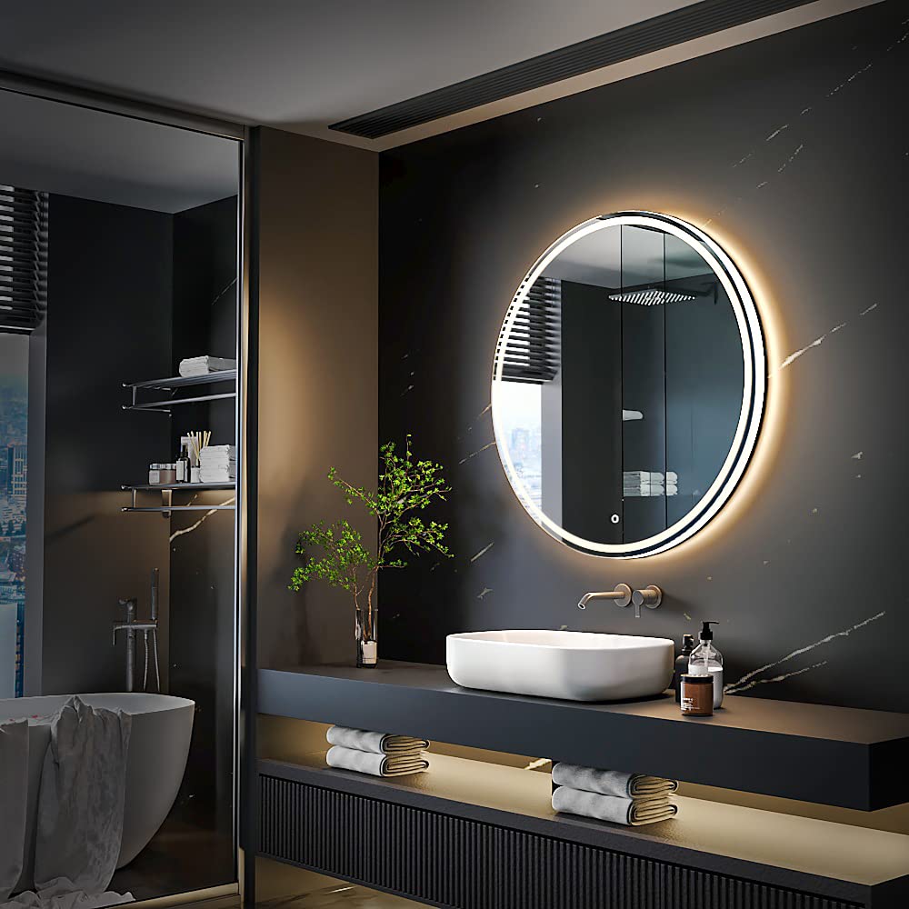 KWW 40 Inch Large Modern LED Round Bathroom Vanity Mirror, Color Temperature Adjustable, Anti-Fog Dimmable Lights, Easy to Install, Wall Mounted Makeup Mirror with Smart Touch Button