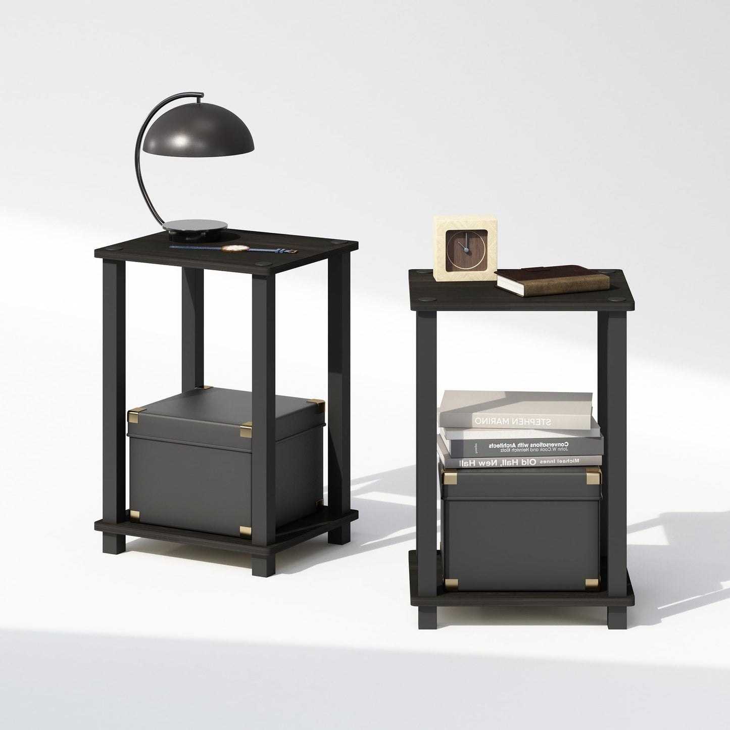 Furinno Simplistic Compact Bedside Table, Nightstand, Espresso/Black, Set of 2