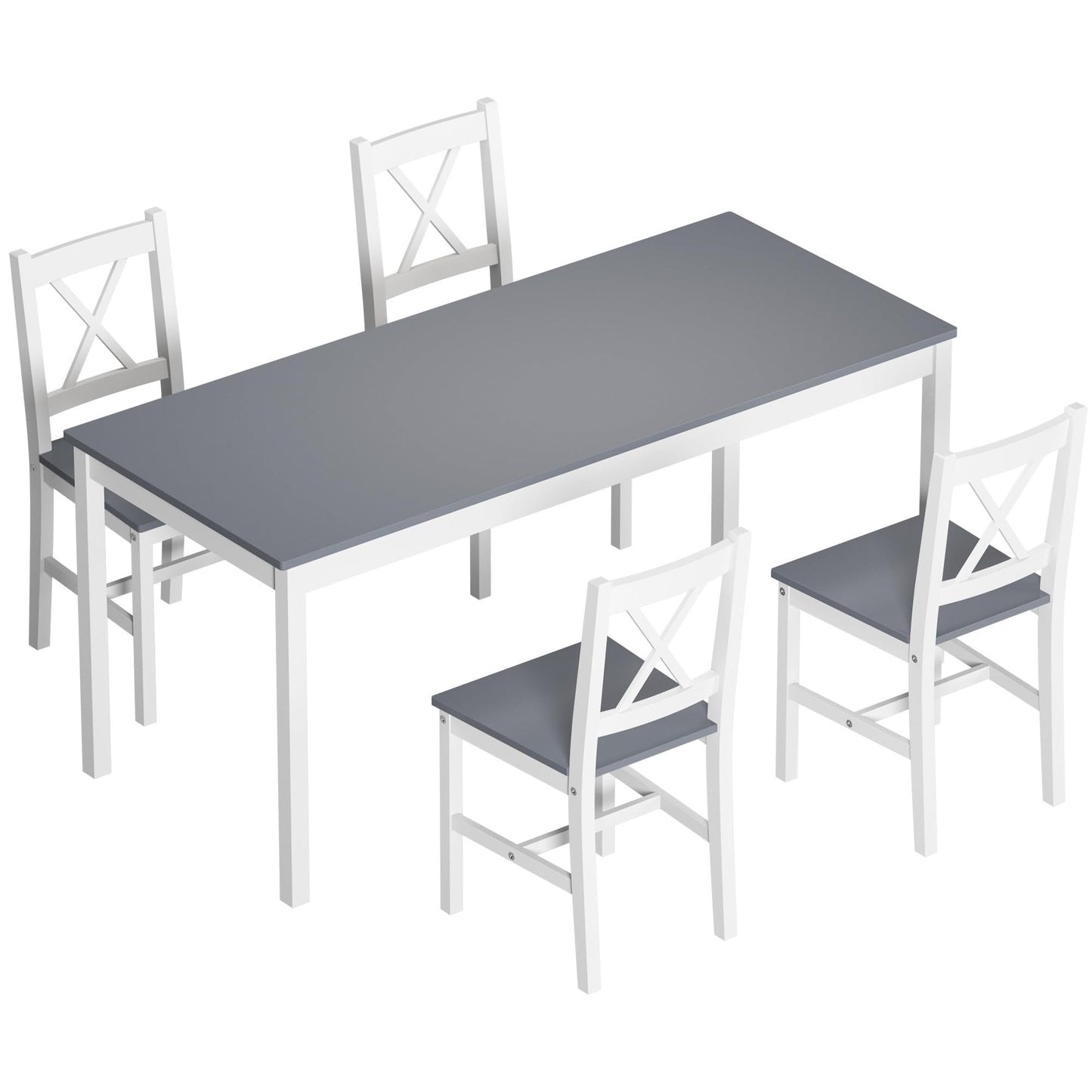 soges 5 Pieces Dining Table Set, Pine Wood Kitchen Table with 4 Chairs, 47.2 inch Table Set for 4, Rectangular Dining Table Furniture Set for Kitchen, Dining Room, Dinette, White Grey