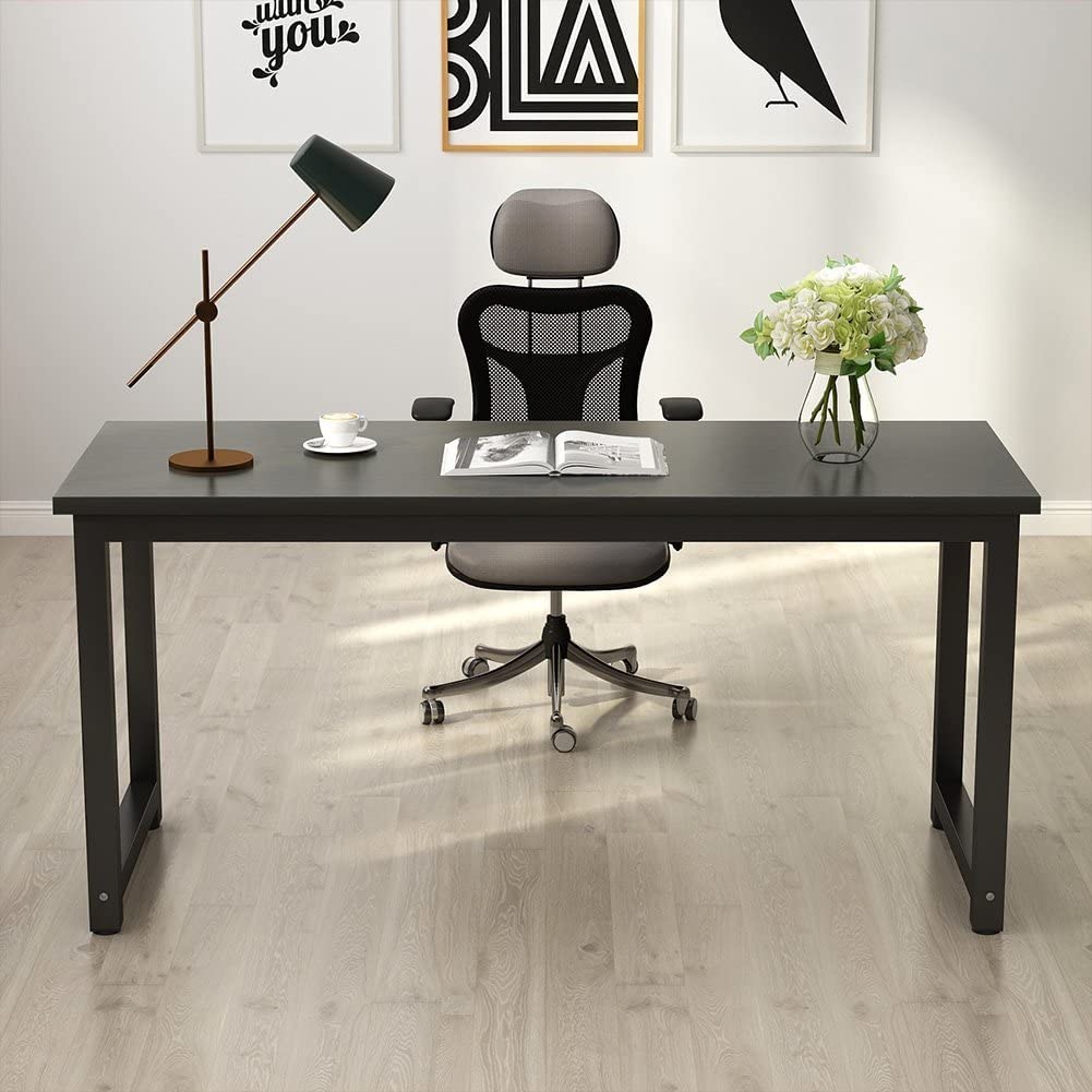 Tribesigns Modern Computer Desk, 63 inch Large Office Desk Computer Table Study Writing Desk Workstation for Home Office, Black Metal Frame