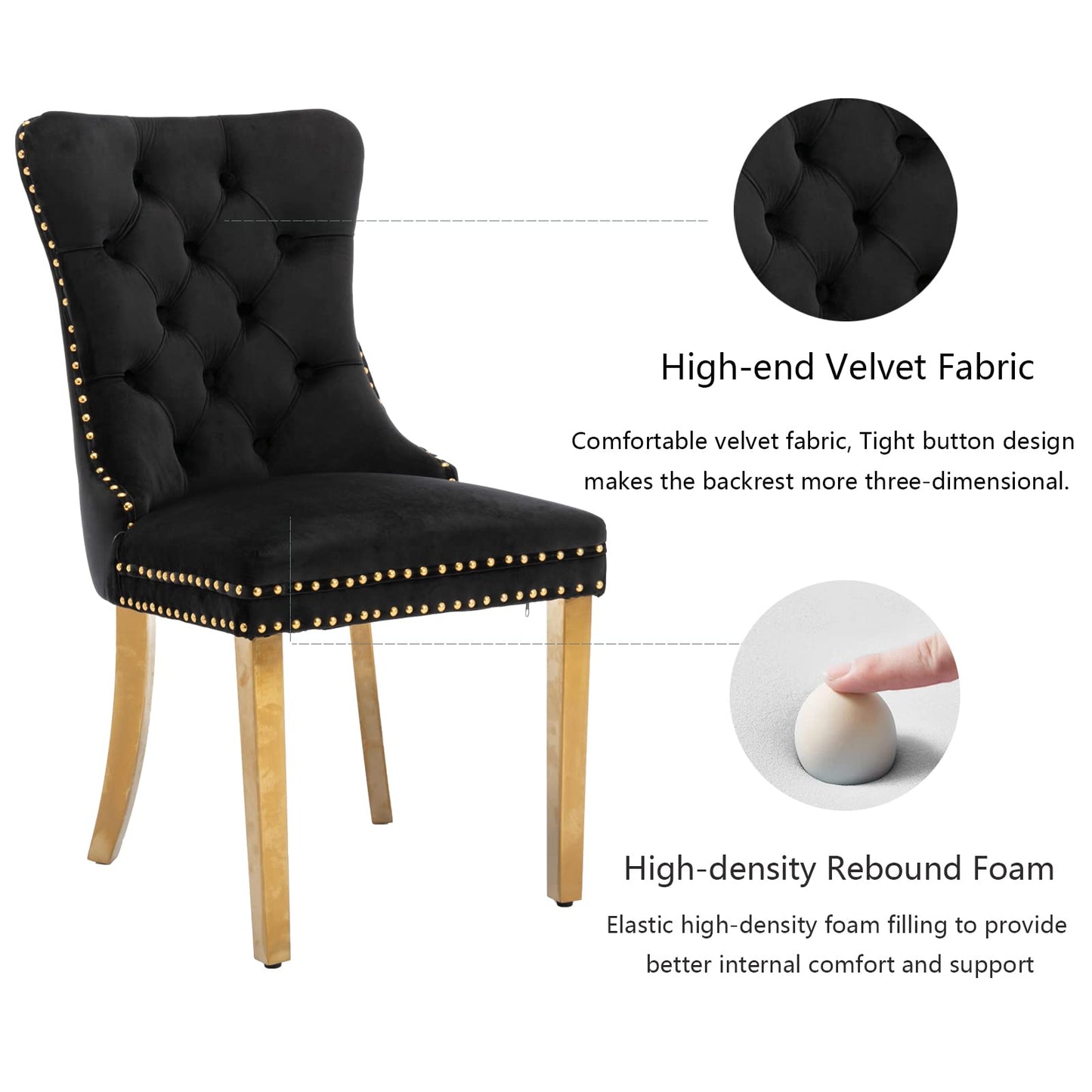 Black Dining Chairs Set of 6,Velvet Upholstered Dining Room Chairs with Back Ring Pull Trim and Golden Stainless Steel Legs,Modern Dining Chairs Perfect for Dining Room,Kitchen(Black)