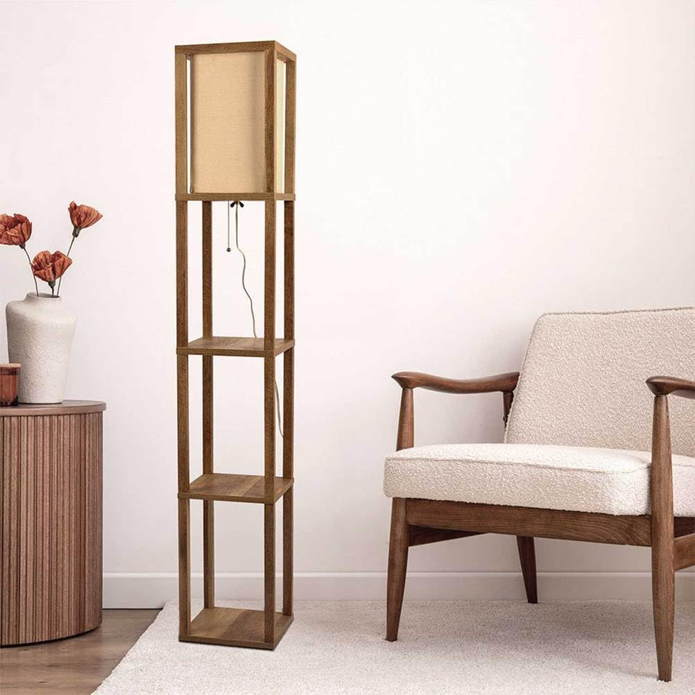 AMZSTAN 62" Floor Lamp with 3 Tier Shelves for Living Room, Wood Floor Lamps with Linen Shade, Corner Display Standing Column Storage Lamp for Farmhouse Bedroom