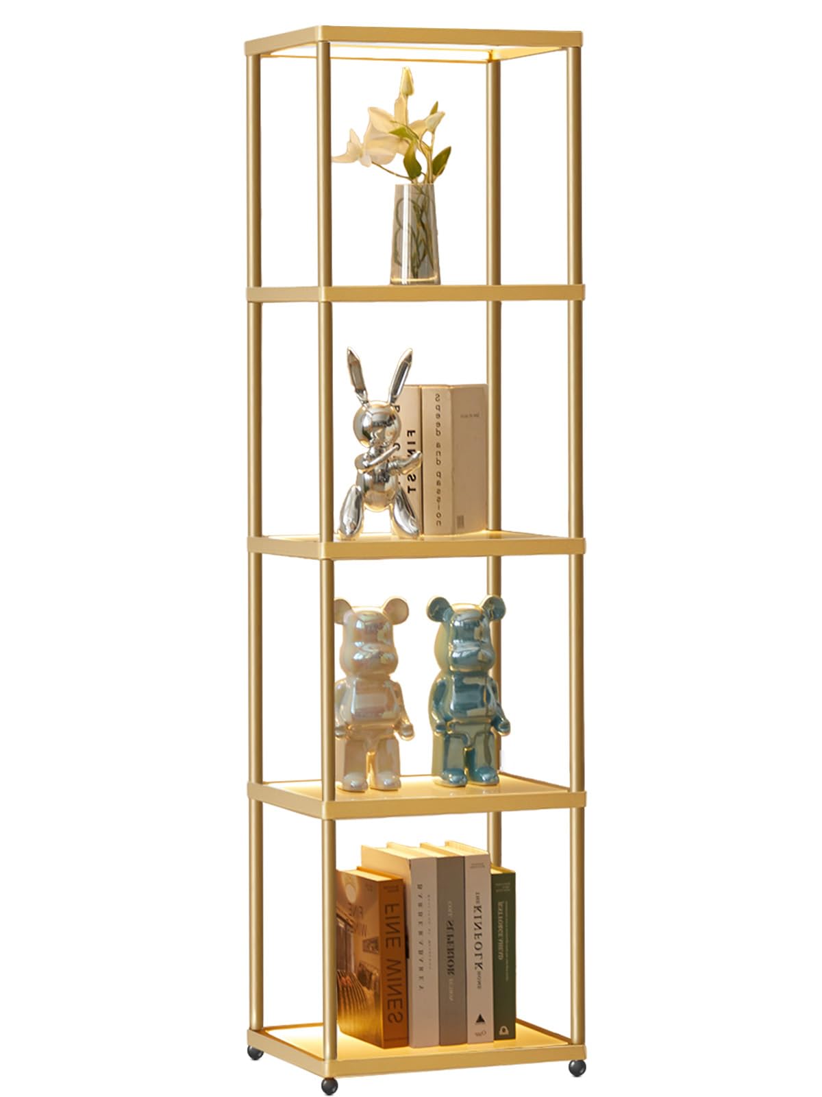 MANBUR Display Shelf with Dimmable LED Floor Lamp, Display Cabinet with Glass Bookcase, Home Decor, Bedroom Decor, Bookshelf with Light, Open Book Shelf with 5-Tier Shelf for Living Room Decor Gold