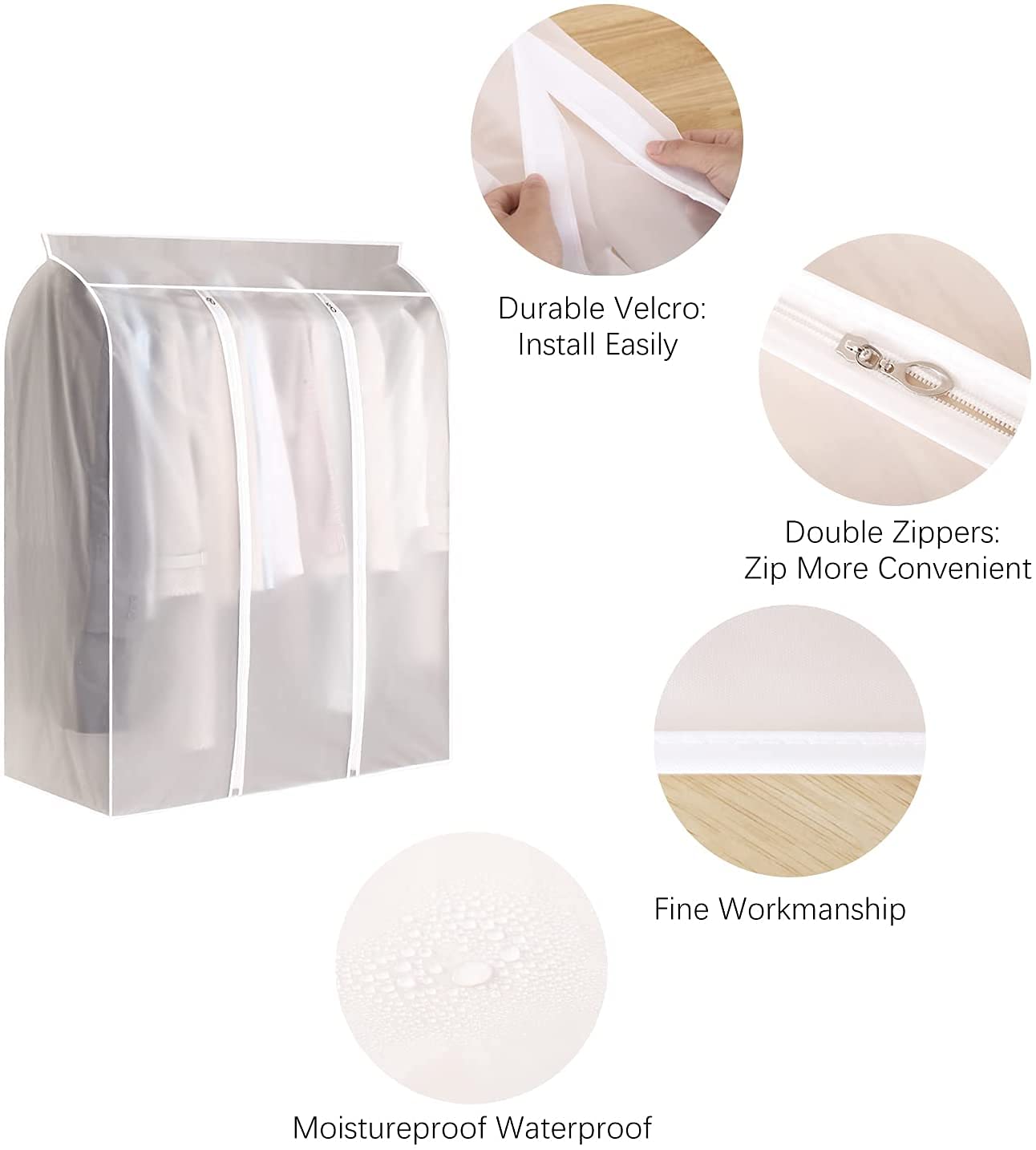 Aichong 50'' Garment Bags for Hanging Clothes, Large Translucent Frosted Garment Rack Cover Bags with Zipper and Hook and Loop Closure, Polyethylene Material, White