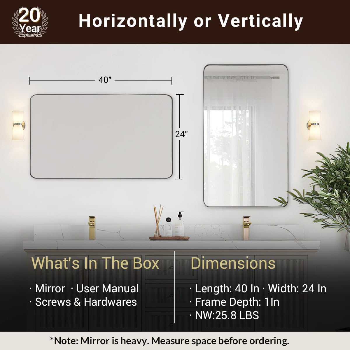 ANDY STAR Brushed Nickel Bathroom Mirror, 24”x40” Rounded Corner Rectangle Mirror, Modern Metal Frame Bathroom Vanity Mirror