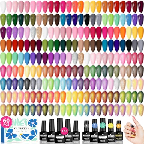 VANREESA 60 Pcs Gel Nail Polish Set, 55 Colors Gel Polish with Base Coat & 4 Effects Top Coat Full-Color Gel Polish Set All Seasons Nail Kit Gifts for Women Girls Nail Salon at Home