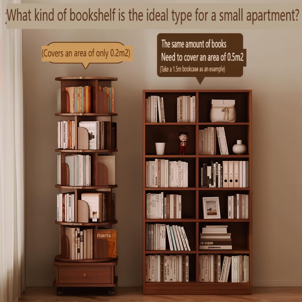 Hayiodda Modern 6 Tier Rotating Bookshelf with Drawer and Wheels, 360° Spinning Tall Bookshelf for Small Spaces, Slim Spining Bookcase for Bedroom, Living Room, Office, Walnut (6 Tier)