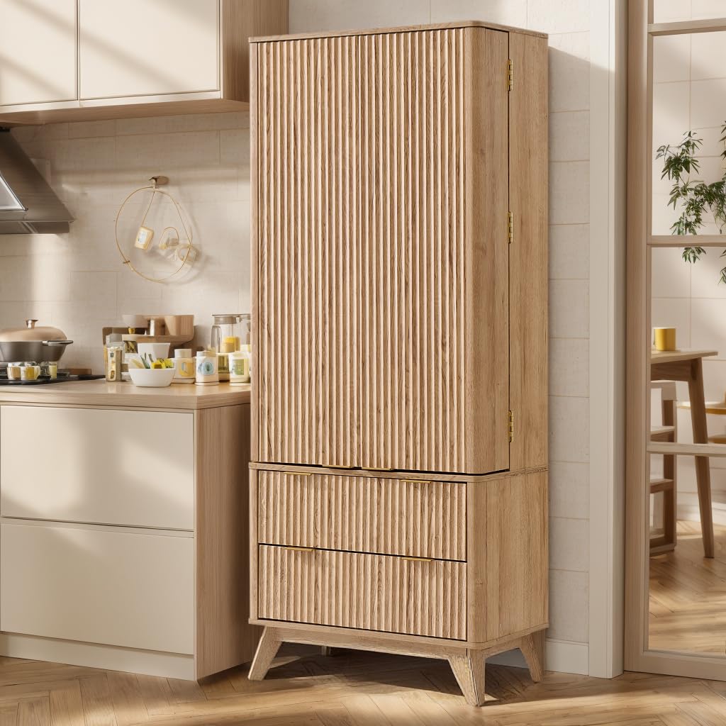 OKD Fluted Pantry Cabinet, Modern Kitchen Hutch, 72" Tall Storage Cabinet with 10 Door Shelves & 2 Drawers, Wood Cupboard for Kitchen & Living Room, Natrual Oak