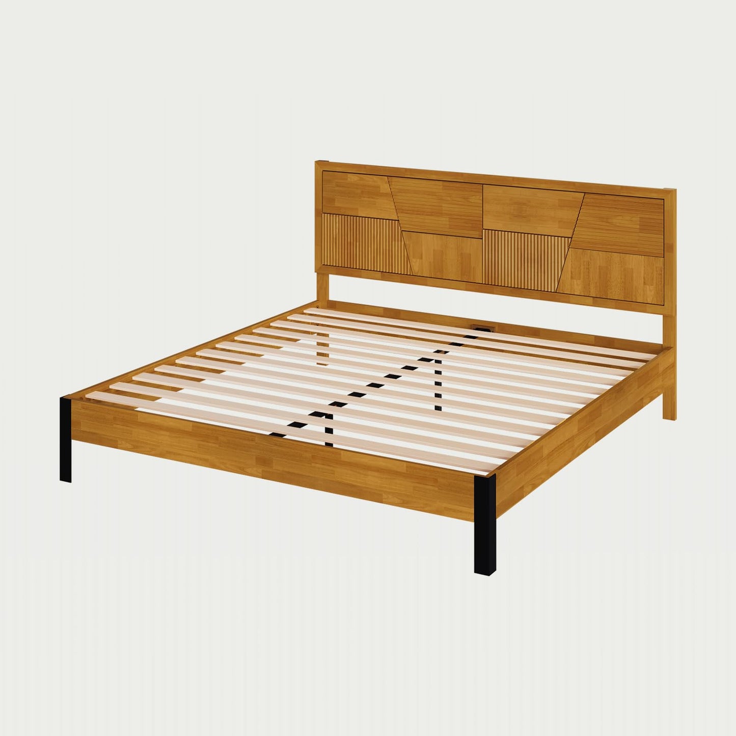 Bme Trapeze King Size Bed Frame – Rubberwood Platform with Slatted Headboard, Sturdy Iron Legs, No Box Spring Needed, Supports up to 800 lbs